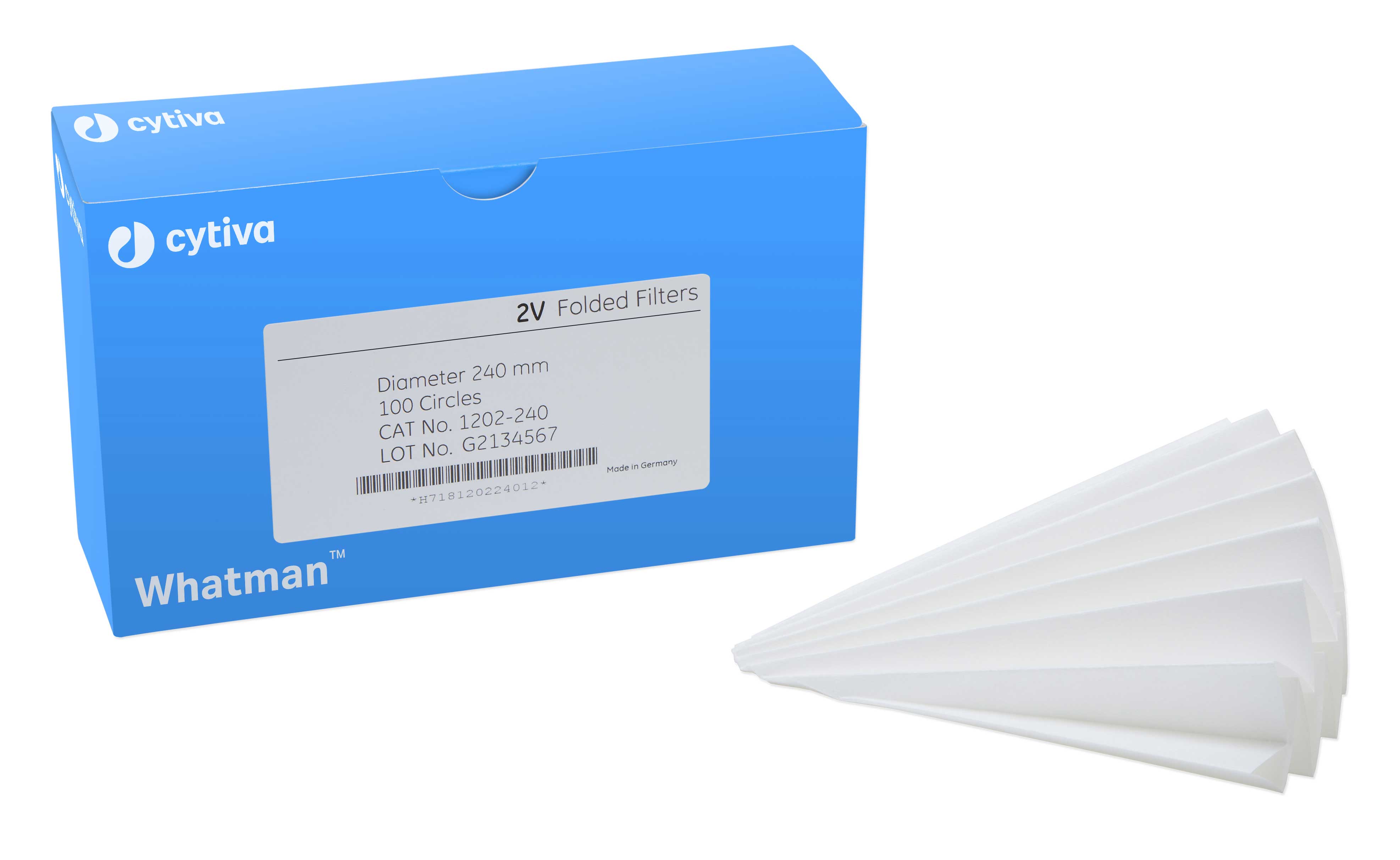 Filtro de papel de celulosa. Whatman™ (Cytiva). Disco Grado 2V plegado. Ø (mm): 185. Retención típica (µm): 8