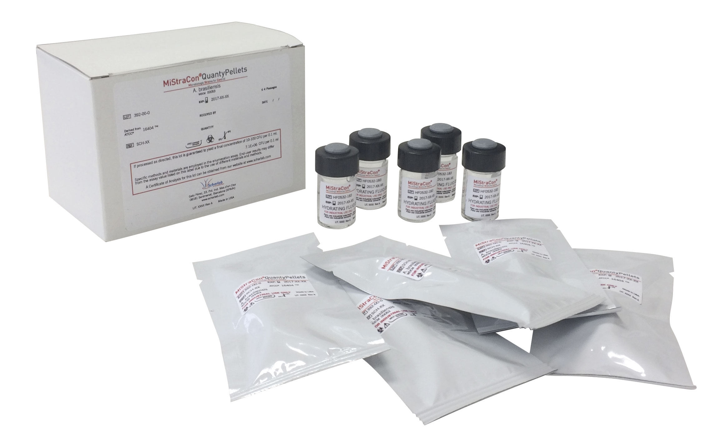 Cepas MiStraCon QuantyPellets: Aspergillus brasiliensis ATCC® 16404™/ WDCM 00053. Contiene 5 pellets individualizados en sobre aluminizado y 5 viales de líquido hidratante. (10-100 ufc/0,1ml)