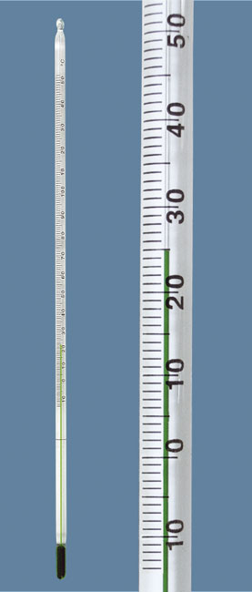 Termómetro general Eco, varilla franja blanca, liquido verde. Rango de medida (°C): - 10 a + 110. Longitud (mm): 300. División (°C): 0,5