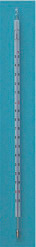 Termómetro general, escala opal. Rango de medida (°C): - 10 a + 200. Longitud (mm): 300. División (°C): 1. Líquido: Azul. Certificado de fabrica por lote.