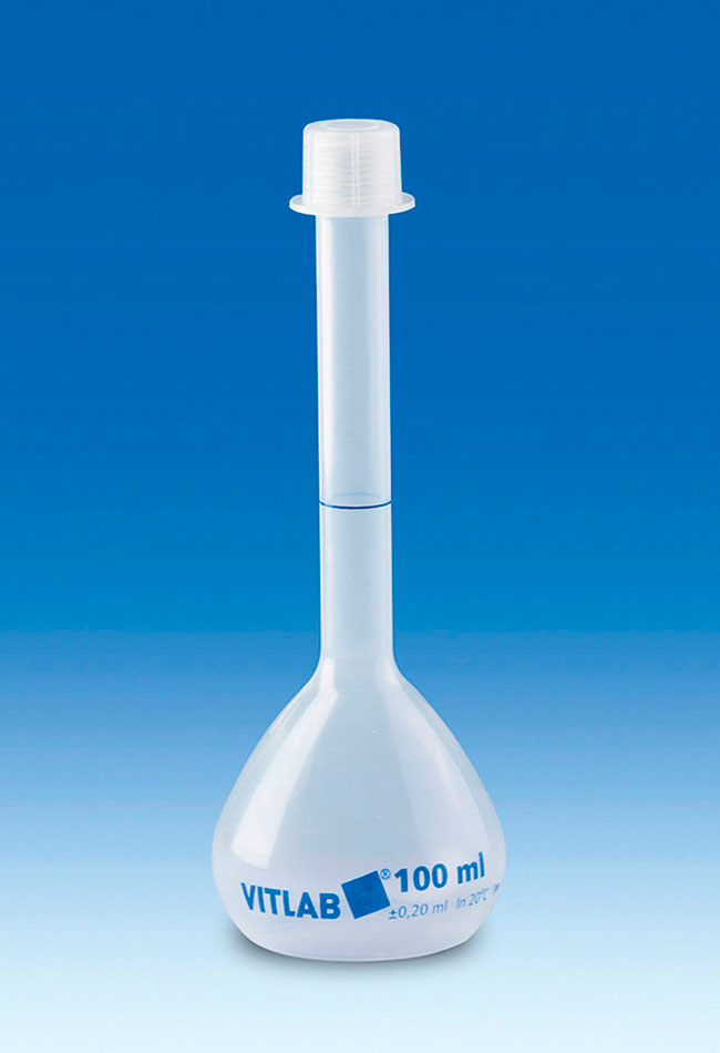 Matraz volumétrico, polipropileno. VITLAB®. Con tapón de rosca GL. Capacidad (ml): 100. Altura (mm): 180. Forma boca: GL 18