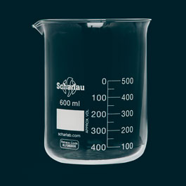 Vaso de precipitado, forma baja, graduado, vidrio borosilicato DIN 12331. SCHARLAU. Capacidad (ml): 600. Ø (mm): 90. Altura (mm): 125