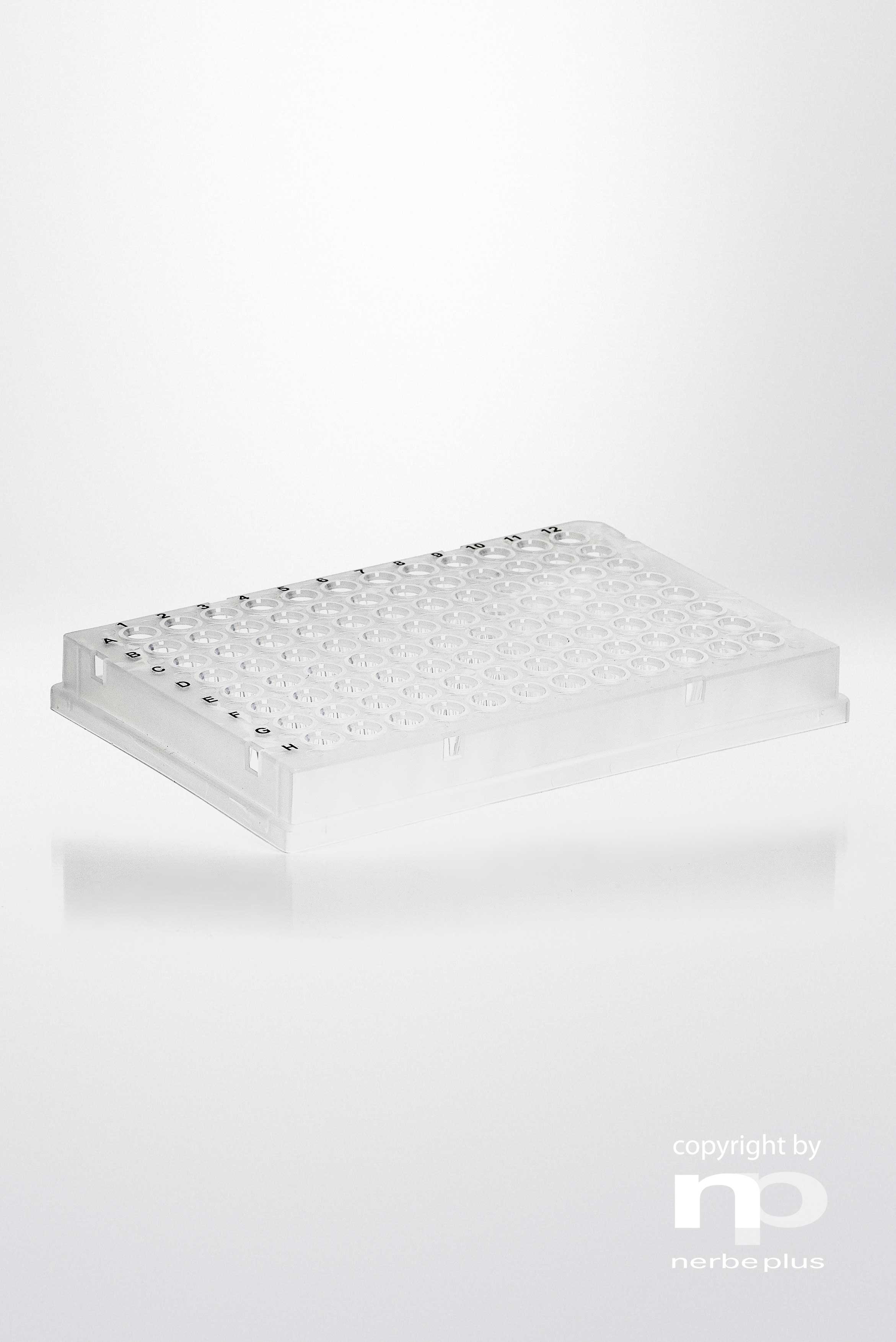 Placas para PCR. NERBE-PLUS. Capacidad: 96x0,2 ml. Tipo: Con faldón. Resist. centrif (g): 6000. Color: Transparente. Esterilidad: PCR Ready. Low profile: Sí. qPCR: Sí