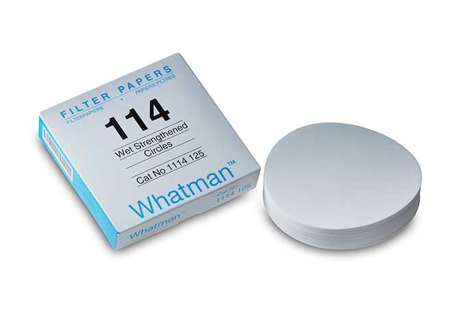 Filtro de papel de celulosa. Whatman™ (Cytiva). Disco plano, calidad Grado 114 Endurecido. Ø (mm): 90. Retención típica (µm): 25