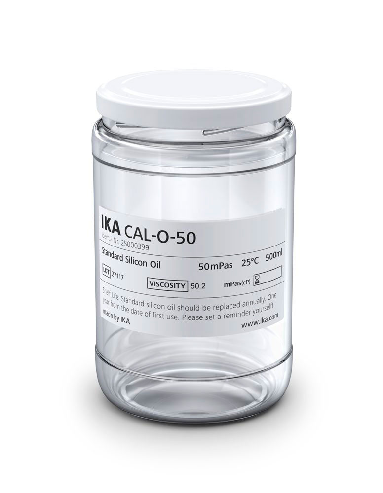 Modelo: CAL-O-50. Descripción: Patrón de aceite de silicona, 50 mPas, 25 ºC, 500 ml. IKA®. Accesorio para viscosímetros Rotavisc