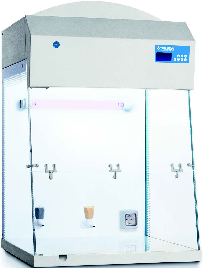 Cabina de flujo laminar vertical FL. CRUMA. Modelo: 670E-FL. Dim. ext. AnxAlxPr (mm): 600x930x600. Volumen medio de aire tratado/hora (m3/h): 256. Volumen interior (m3): 0,181. Vel. media aire (m/s): 0,4. Nivel sonoro (dB): 48