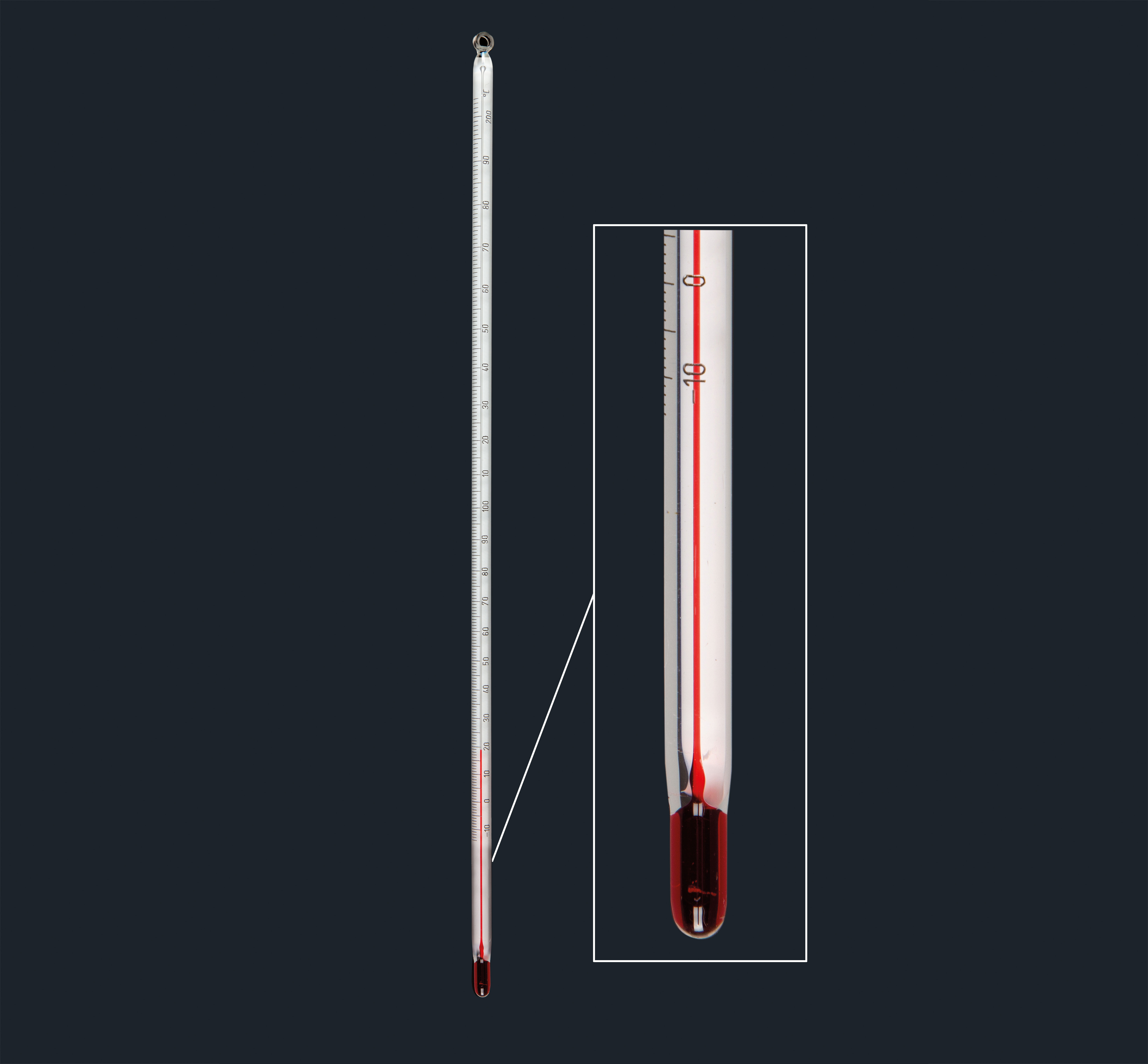 Termómetro de varilla franja blanca para uso general, líquido rojo, 5,5 a 6,5 mmø. Rango de medida (°C): - 10 a + 250. Longitud (mm): 300. División (°C): 1. Amarell. Certificado de fabrica por lote.&#x0D;