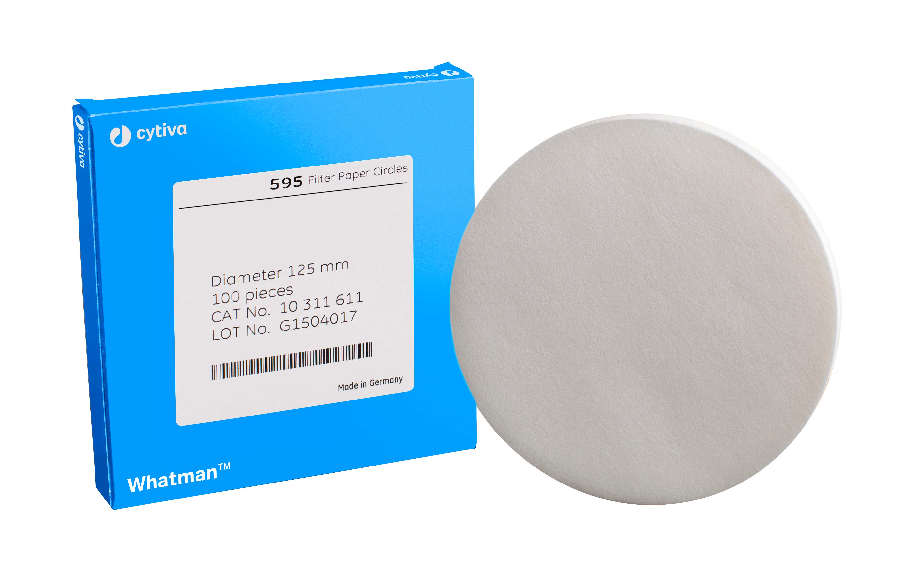 Filtro de papel de celulosa. Whatman™ (Cytiva). Disco plano, calidad 595. Ø (mm): 125. Retención típica (µm): 4-7