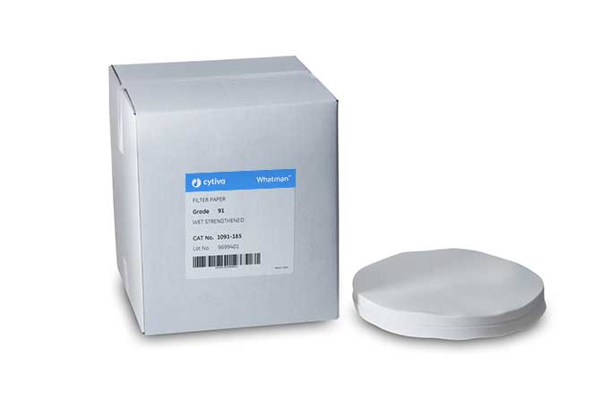 Filtro de papel de celulosa. Whatman™ (Cytiva). Disco plano, calidad Grado 91 Endurecido. Ø (mm): 110. Retención típica (µm): 10
