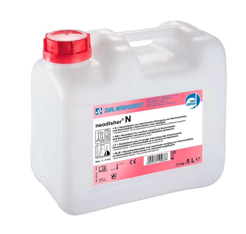 Detergente Neodisher N. Detergente ácido y aditivo neutralizante compuesto a base de ácido fosfórico con acción neutralizante de pH durante el primer aclarado tras el lavado con detergentes alcalinos. No contiene agentes tensioactivos. Envase de 5 litros.