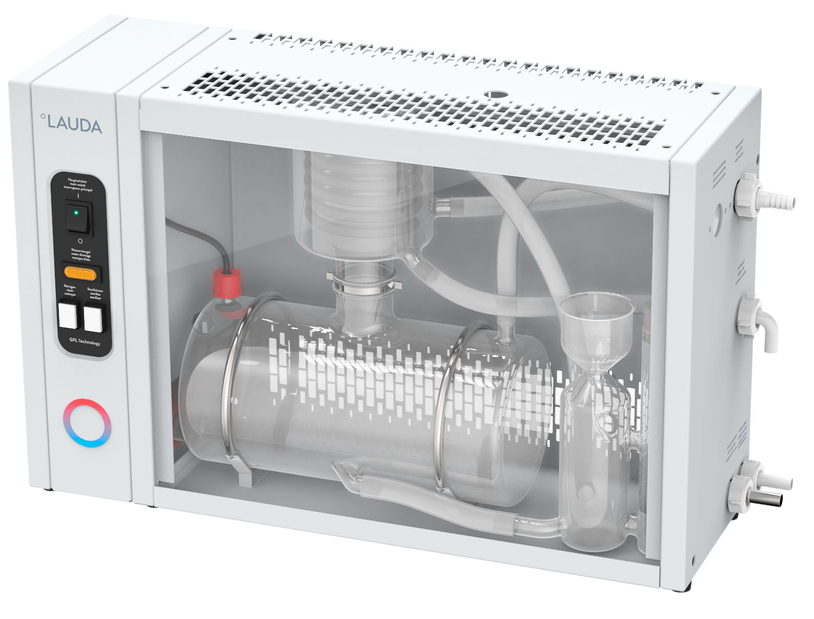 Destilador Puridest PD 4 G. LAUDA. Tipo de destilación: Mono. Material condensador: Vidrio. Rendimiento (L/h): 4. Conductancia etapa 1/2 (µS/cm): 2,2/-. Agua refrigeración consumida (l/min): 1,2. Dimensiones An x Al x Pr (mm): 650x390x200. Peso (kg): 17. Consumo (kW): 3