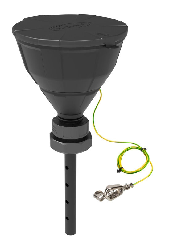 Embudo negro 'Arnold' V2.0, con válvula de bola y tapa. PE-HD, con toma de tierra. Protección antisalpicaduras, tamiz extraíble, con vástago de 220 mm. Ø embudo de 200 mm. Tipo de rosca: S70/71. SCAT®. Embudos de seguridad con válvula de bola