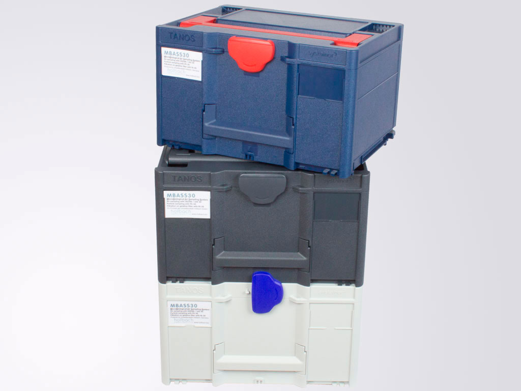 Caja azul zafiro para muestreador de aire MBASS30 y para bomba de muestreo de 2 canales BiVOC2 versión 2. HOLBACH