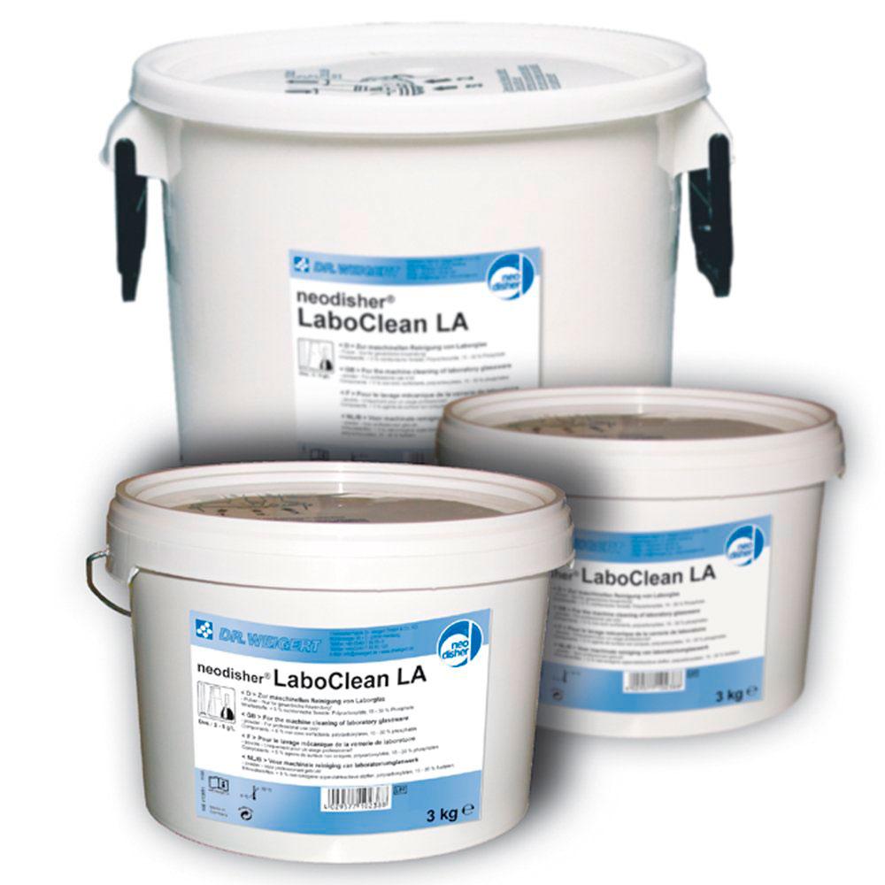 Detergente Neodisher LaboClean LA. Detergente alcalino en polvo concentrado con efecto emulsionante, dispersante y antiespuma, especialmente indicado para eliminar grasas, aceites y parafinas.