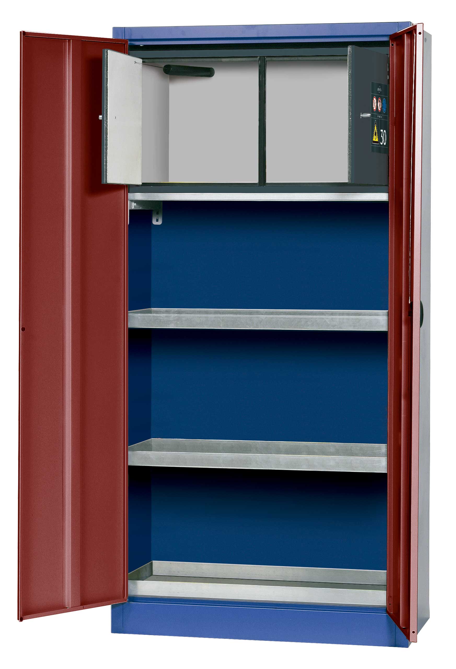 Armario ecológico. ASECOS. Modelo: E.195.095.F. Color cuerpo/puerta: Azul genciana/ Rojo púrpura. Equipamiento: Equipamiento interior con 2 x bandeja tipo cubeta, 1 x cubeto de retención (plancha de acero galvanizada) con cofre de seguridad. Carga máx. (kg): 300. Dim. AnxAlxPr (mm): 950 x1950x500. Peso (Kg): 148,5