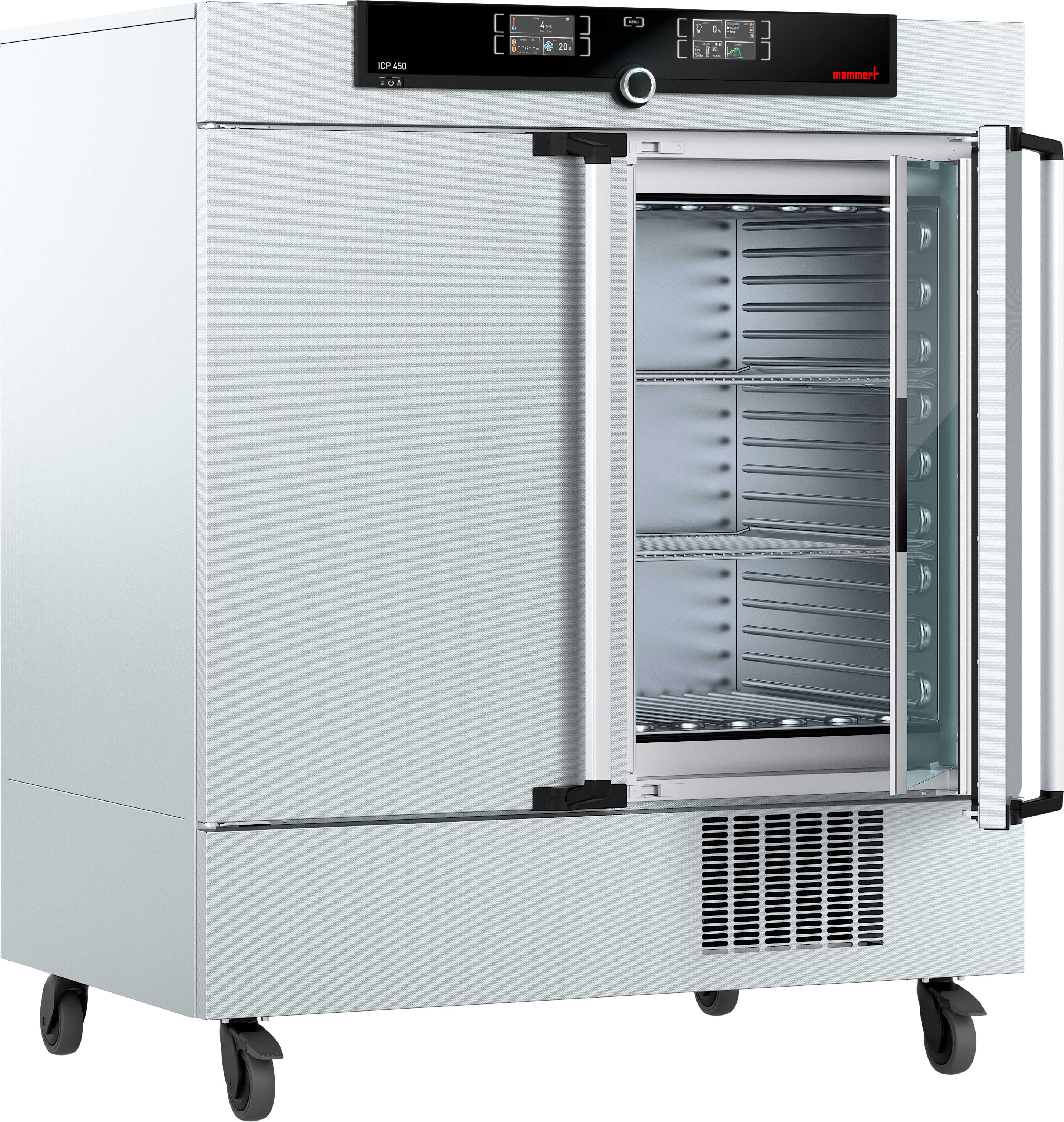 Incubador refrigerado por compresor ICP450, TwinDISPLAY, 449 l, -12 °C a +60 °C con 2 rejillas en acero inoxidable, electropulidas. MEMMERT.