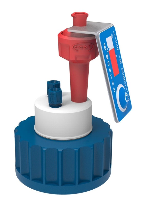 Safety Cap II, V2.0 para S40. SCAT®. Rosca S40 y válvula de aireación. Safety Caps: extracción de disolvente segura. Se suministra con 2 conectores de 1,6 mm, 2 de 2,3 mm, 2 de 3,2 mm, 1 conector ciego y 1 válvula de aireación. Tomas (Ø ext. mm): 2x3,2mm (1/8')