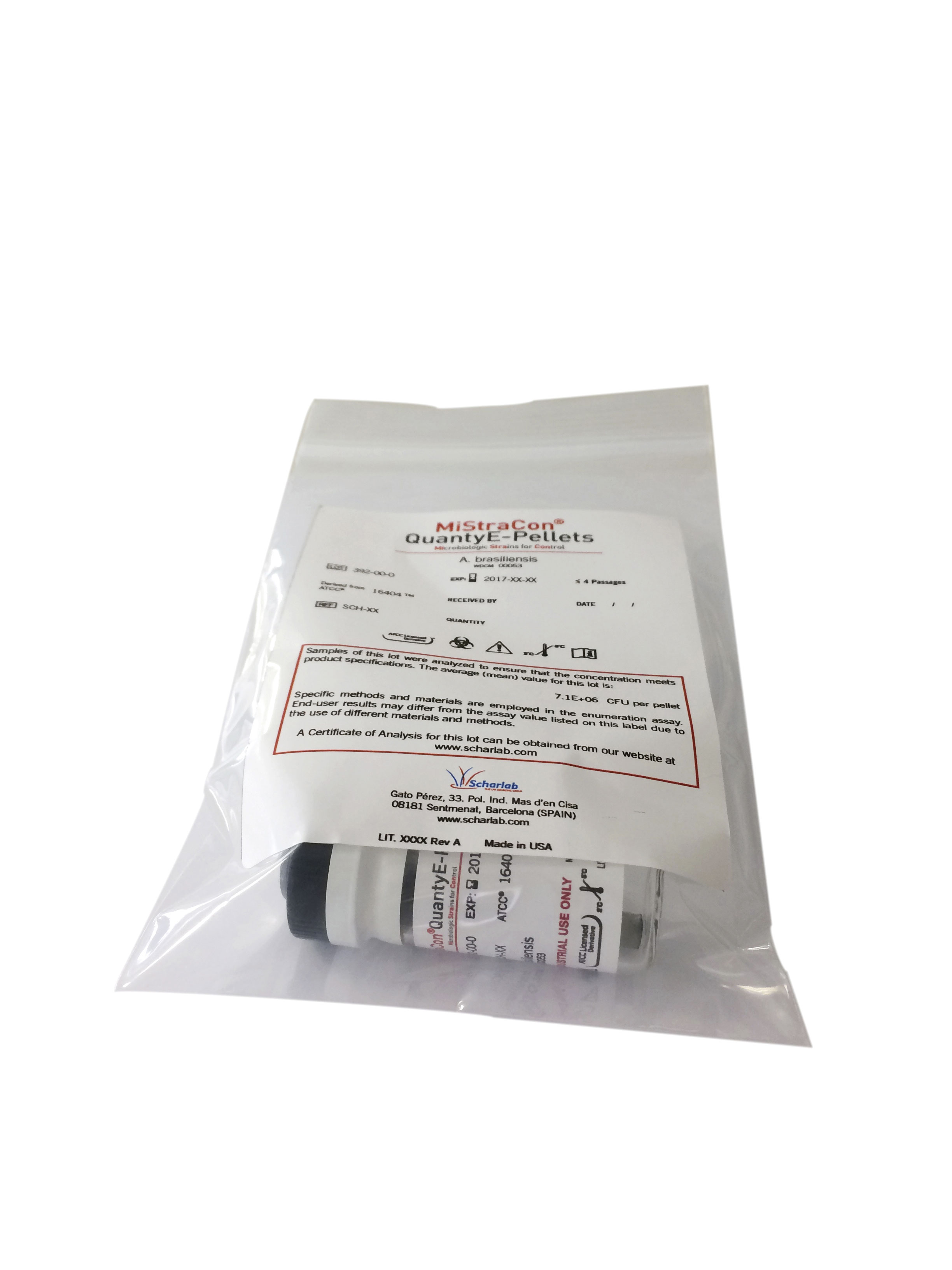 Cepas MiStraCon QuantyE-Pellets: Pseudomonas paraeruginosa ATCC® 9027™/ WDCM 00026. Contiene un vial con 5 pellets (E7 ufc/pellet)