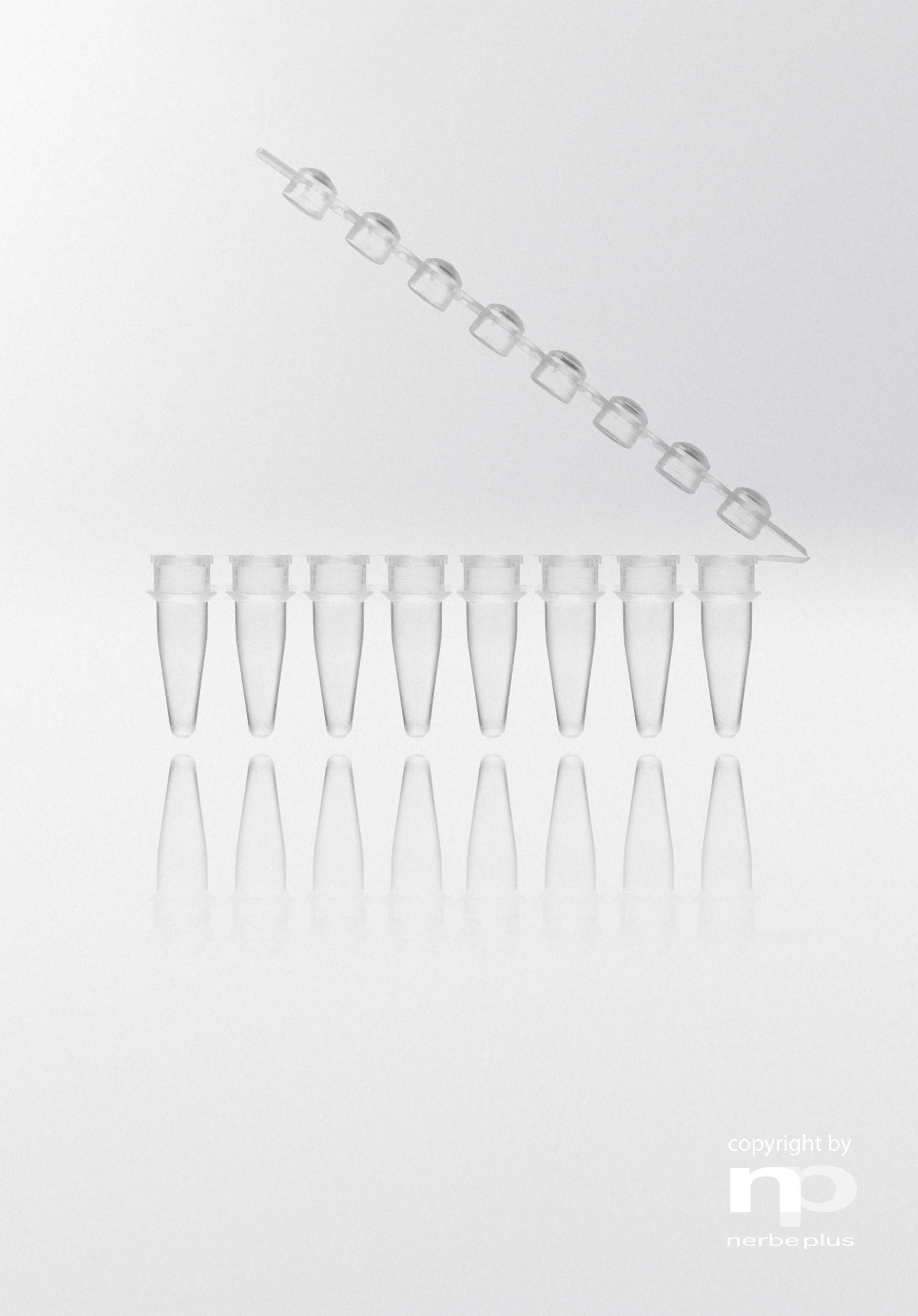 Tiras de tubos para PCR. NERBE-PLUS. Capacidad (ml): 0,2. Resist. centrif. (g): 6000. Tapón: Redondeado. Color tubo/tapón: Transparente/ Transparente. Esterilidad: PCR Ready.
