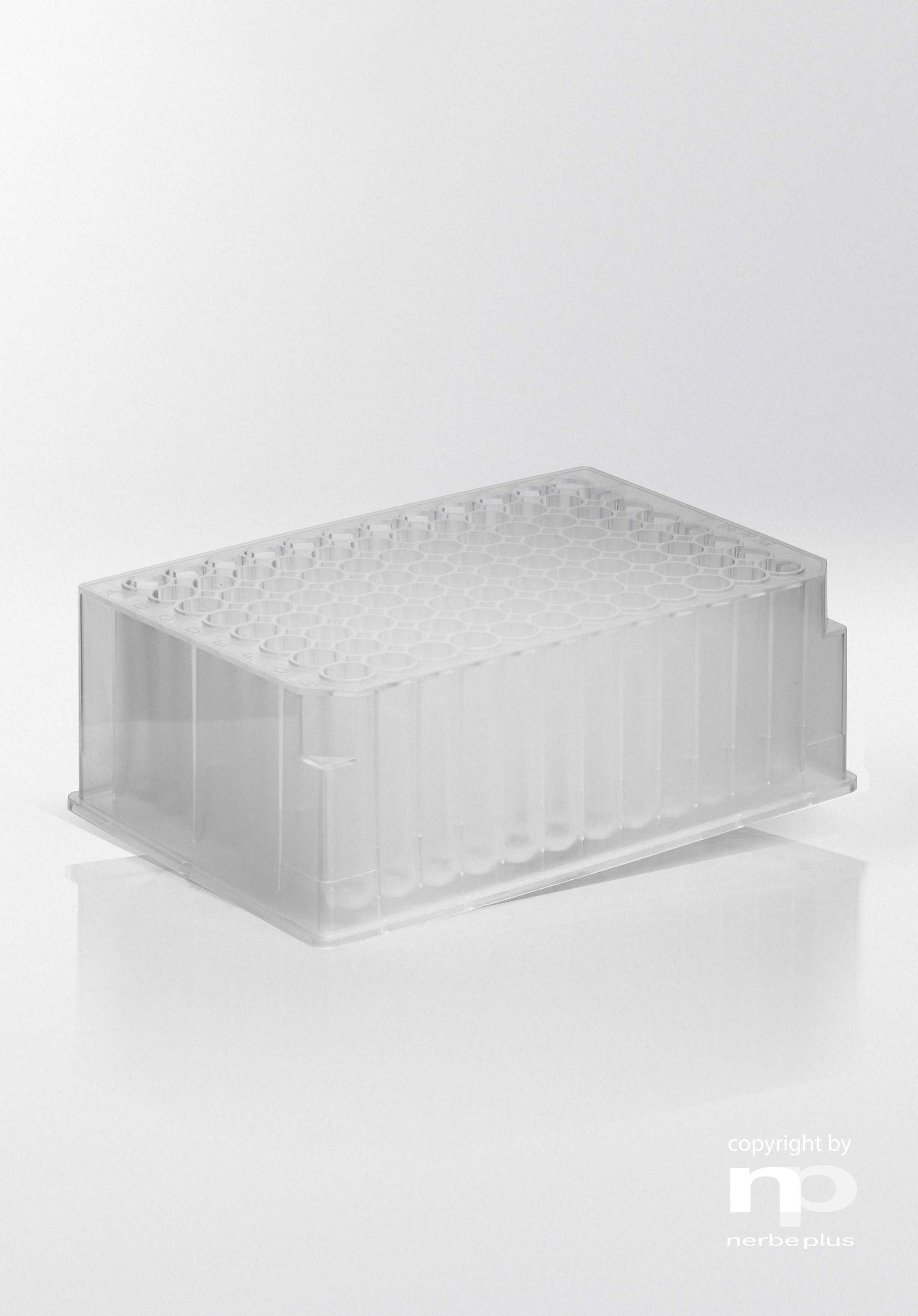 Placas Deep Well. NERBE-PLUS. Capacidad: 96x2,0 ml. Tipo pocillo: Redondo. Forma fondo: U. Resist. centrif. (g): 4000. Color: Transparente. Esterilidad: PCR Ready.