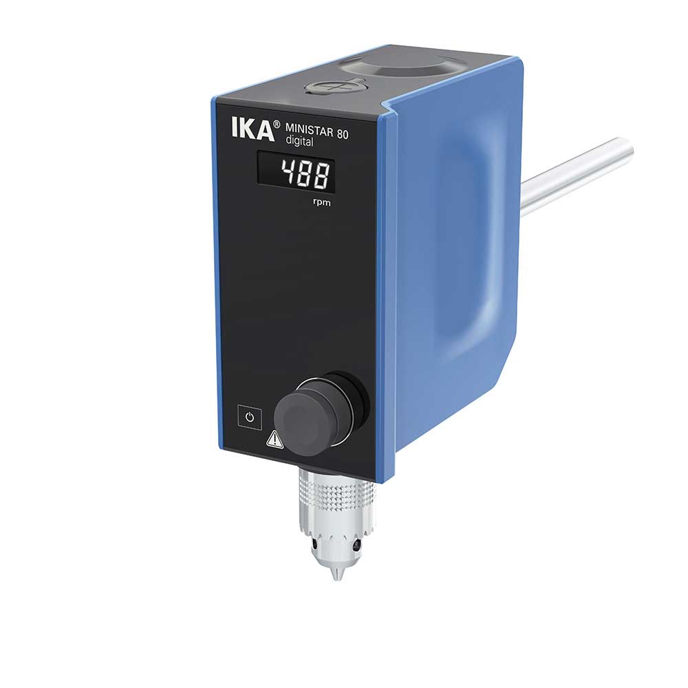 Agitador de varilla MINISTAR 80 digital. IKA®. Velocidad (rpm): 0/50-500. Vol. agitación (l): 50. Viscosidad (mPas): 60000. Torque máx. (Ncm): 80. Dim. AnxAlxPr (mm): 70×193×147. Peso (Kg): 1,72