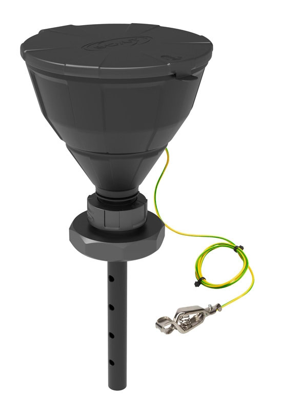Embudo negro 'Arnold' V2.0, con válvula de bola y tapa. PE-HD, con toma de tierra. Protección antisalpicaduras, tamiz extraíble, con vástago de 220 mm. Ø embudo de 200 mm. Tipo de rosca: S95. SCAT®. Embudos de seguridad con válvula de bola