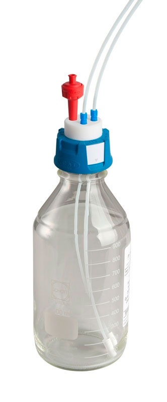 Juego II V2.0 para HPLC. Contiene: 1x Safety Cap II GL45, 1x botella redonda de vidrio transparente de 1.000 ml + 2x capilar de 1,5 m de largo y 3,2 mm Ø ext. + 2x filtro succión PTFE + válvula de aireación (1368317010). SCAT®. Kit de seguridad para HPLC