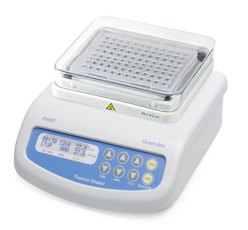 Termoagitador para microtubos y placas PCR PHMT-PSC96 (con bloque GRA-0PSC96). GRANT. Rango temp. (ºC): Ambiente +5 hasta 100. Capacidad: Placa PCR de 96 pocillos. Vel. calentamiento (ºC/min): 4. Vel. agit. (rpm): 250-1.400 (incrementos de 10 rpm). Pot. cal. (W): 42. Dim. AnxAlxPr (mm): 220x130x240. Peso (Kg): 4