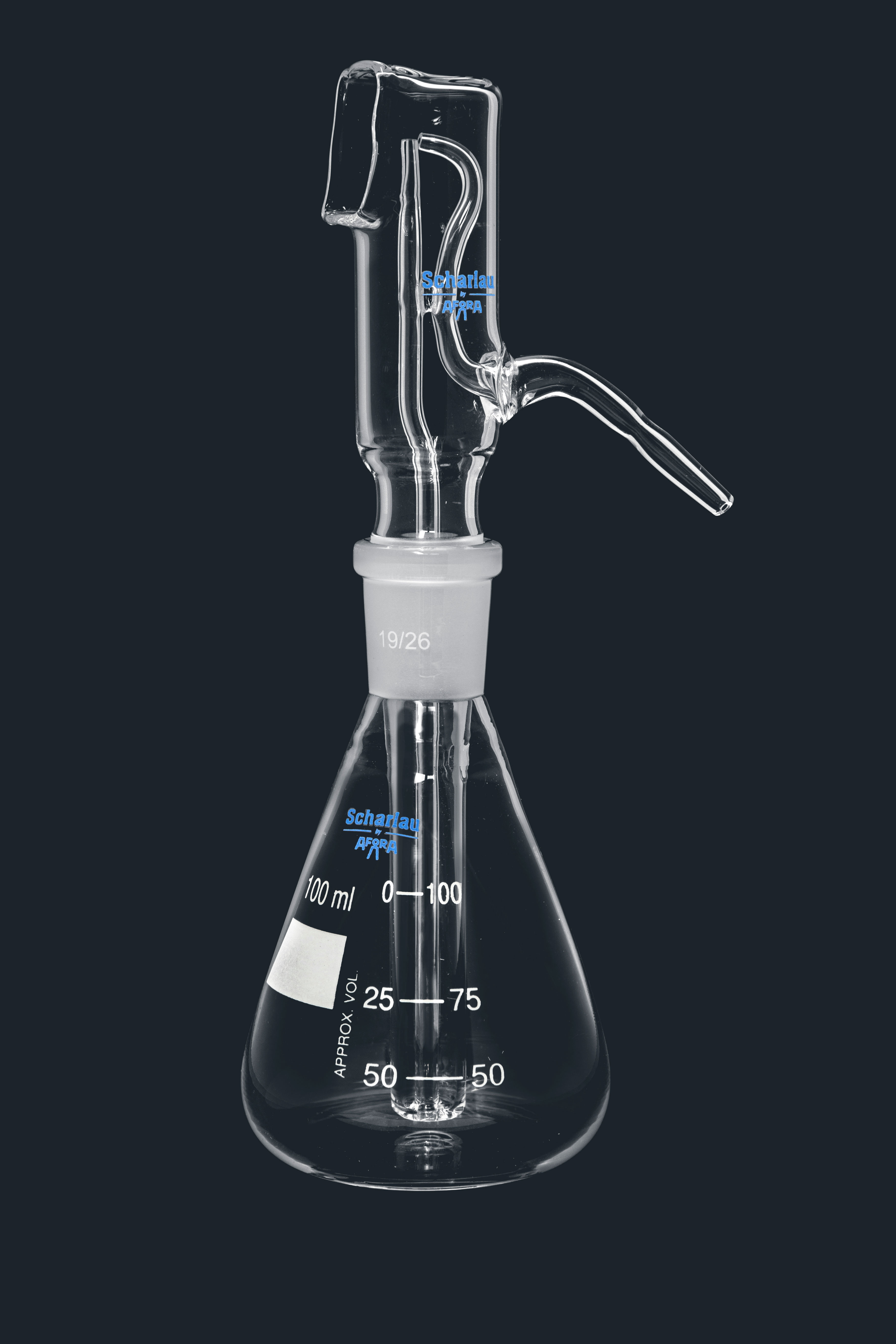 Pulverizador  de vidrio de 100 ml.esmerilados 19/26 Completo compuesto de Cabeza pulverizadora ref. 073-001366 y matraz erlermewyer de 100 ml. ref. 073-000137 Scharlau