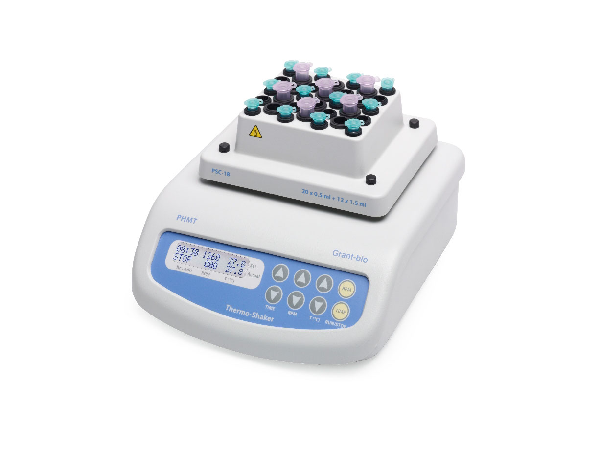 Termoagitador para microtubos y placas PCR PHMT-PSC18 (con bloque GRA-0PSC18). GRANT. Rango temp. (ºC): Ambiente +5 hasta 100. Capacidad: 20 microtubos de 0,2 ml y 12 microtubos de 1,5ml. Vel. calentamiento (ºC/min): 4. Vel. agit. (rpm): 250-1.400 (incrementos de 10 rpm). Pot. cal. (W): 42. Dim. AnxAlxPr (mm): 220x130x240. Peso (Kg): 4