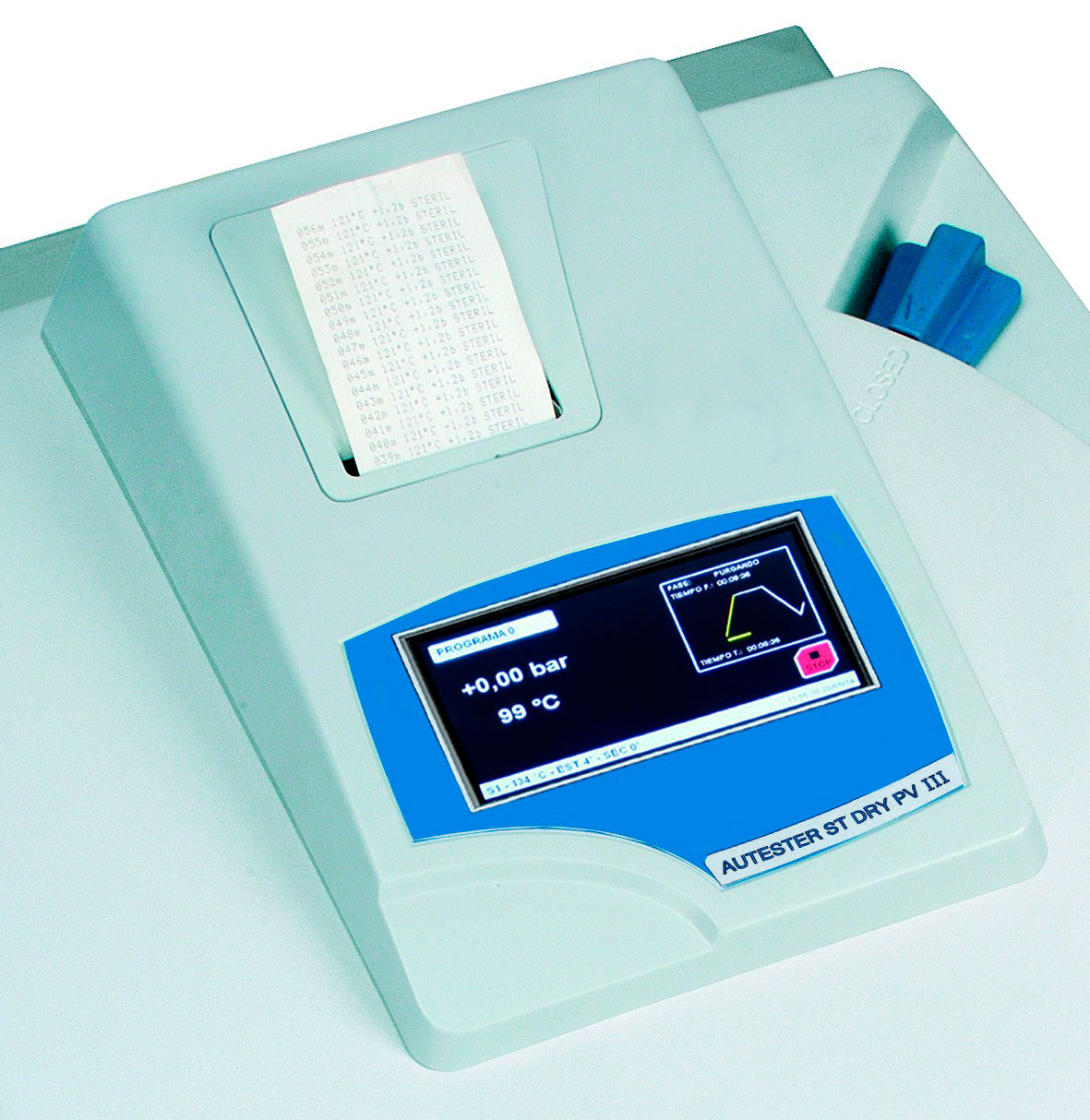 Impresora térmica J.P. SELECTA para Presoclave III y St DRY PV III. Impresora sobre papel continuo con indicación de temperatura, presión, tiempo y modalidad.
