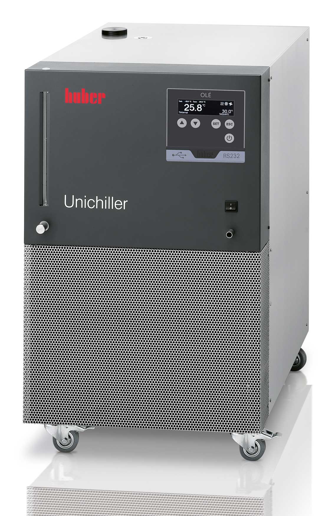 Unichiller 025w OLÉ. HUBER. Con controlador OLÉ y refrigerado por agua. Rango Tª (ºC): De -10 a 40. Estab. Tª (ºC): ±0,5. Potencia frigorífica a -10ºC (W): 1200. Potencia frigorífica a 0ºC (W): 2000. Potencia frigorífica a 15ºC (W): 2500. Presión (l/min) - bar: 29-1. Vol. (l): 3,8. Dim. AnxAlxPr (mm): 420x487x579