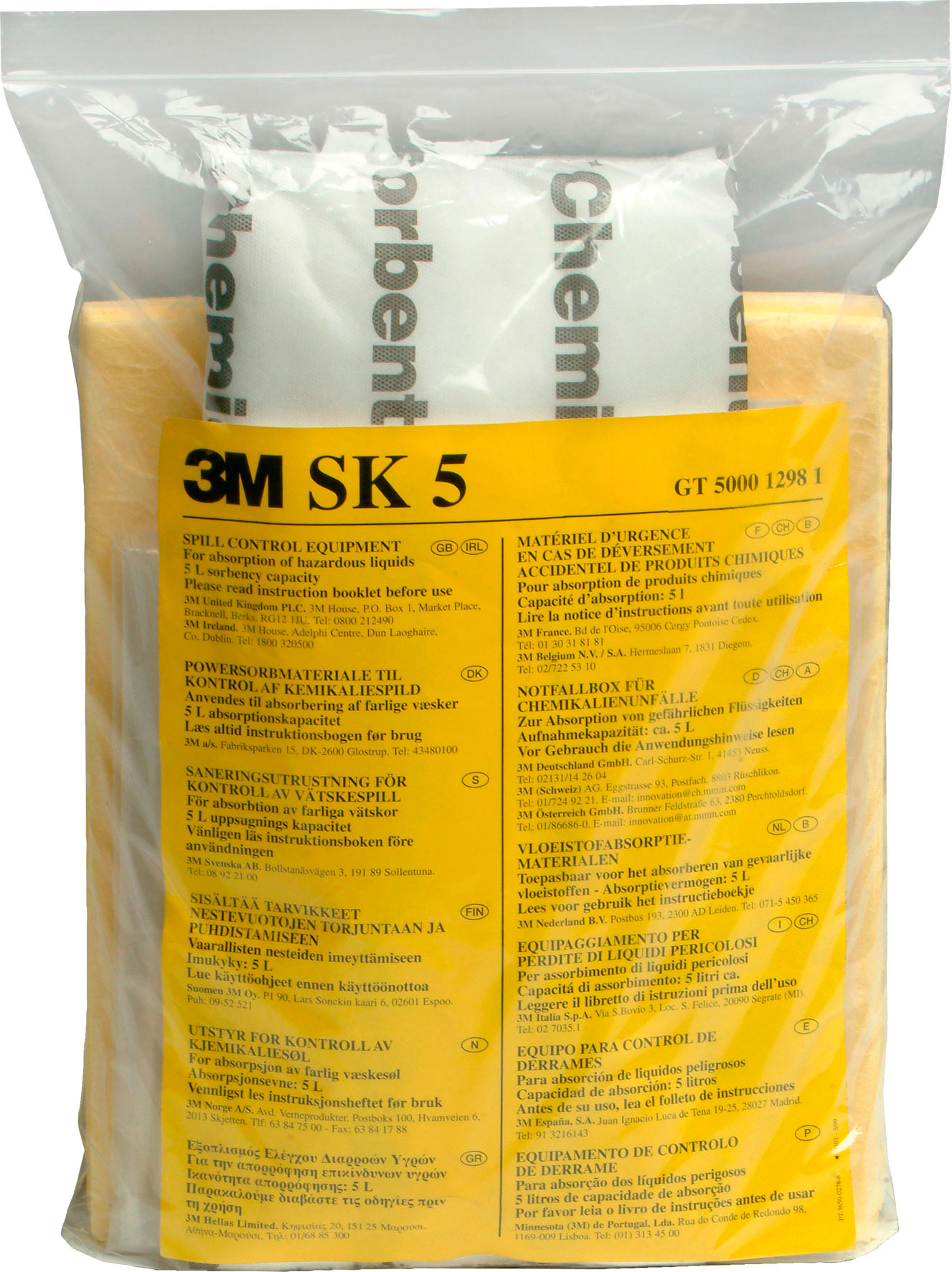 Kits de respuesta a derrames de liquidos peligrosos 3M. Cada Kit contiene una cuidada y selecta variedad de formatos de absorbentes quimicos 3M. Contiene: 10 hojas 28 x 33 cm, 1 almohadilla 18 x 38 cm