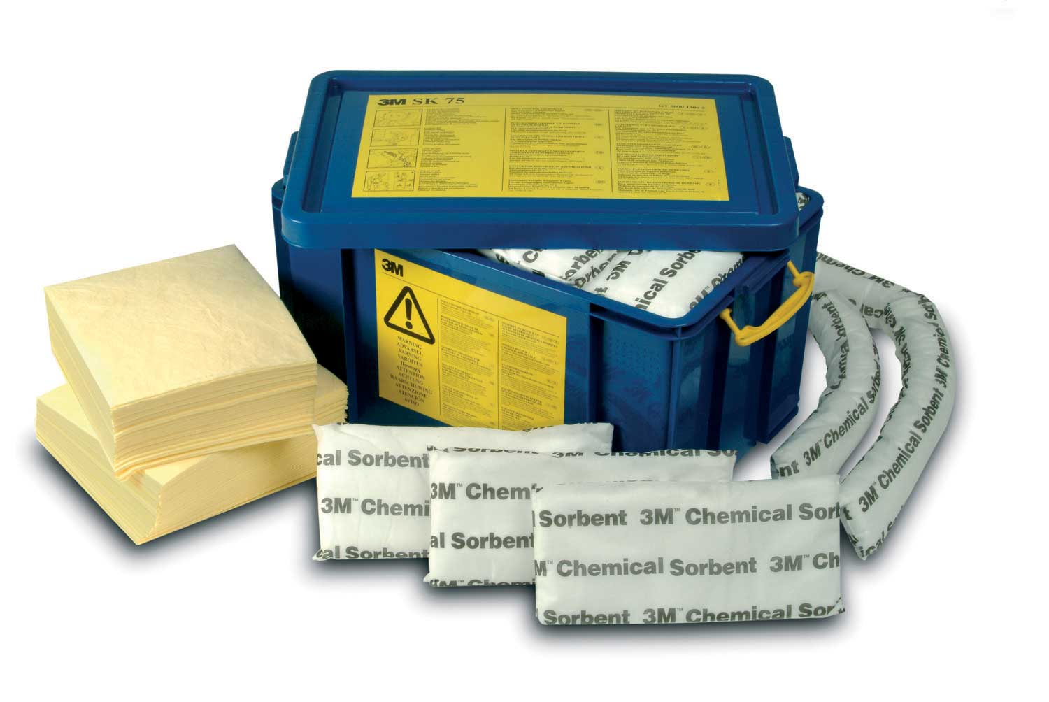 Kit emergencia químico SK75. Contenido: 100 hojas P110, 12 almohadillas P300, 8 minicordones P200, 5 bolsas desechables y cierres. 3M