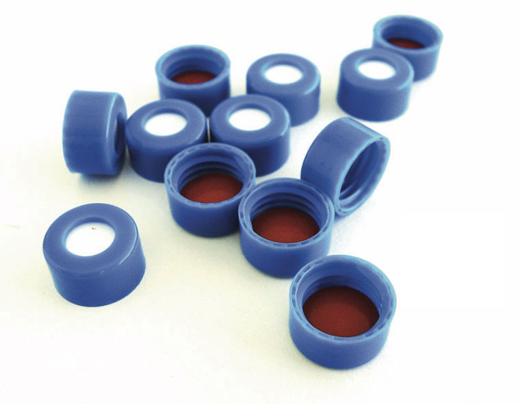 Tapón de polipropileno azul abierto, rosca 9-425, septum PTFE rojo/Silicona blanca.