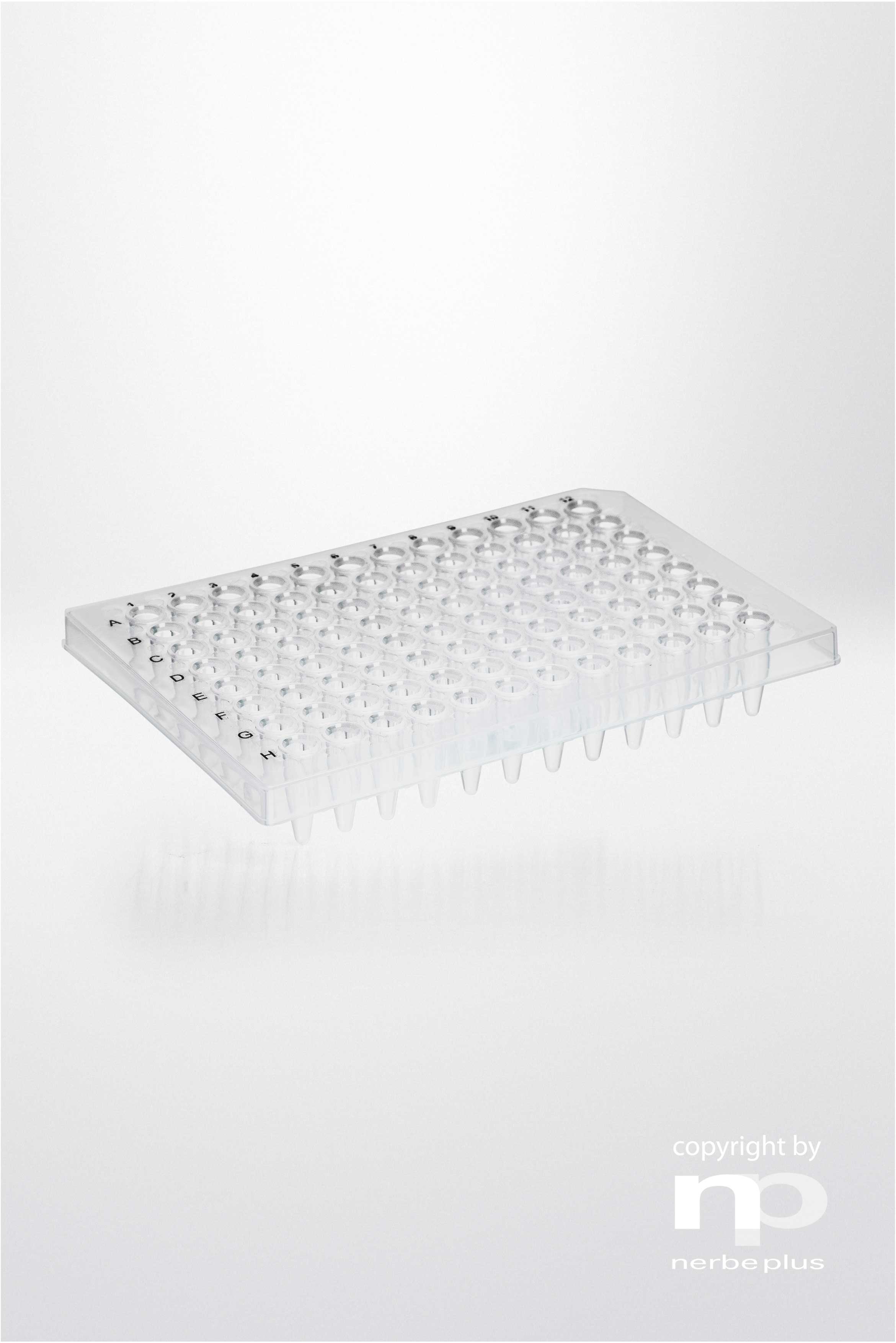 Placas para PCR. NERBE-PLUS. Capacidad: 96x0,2 ml. Tipo: Semi faldón. Resist. centrif (g): 6000. Color: Transparente. Esterilidad: PCR Ready.