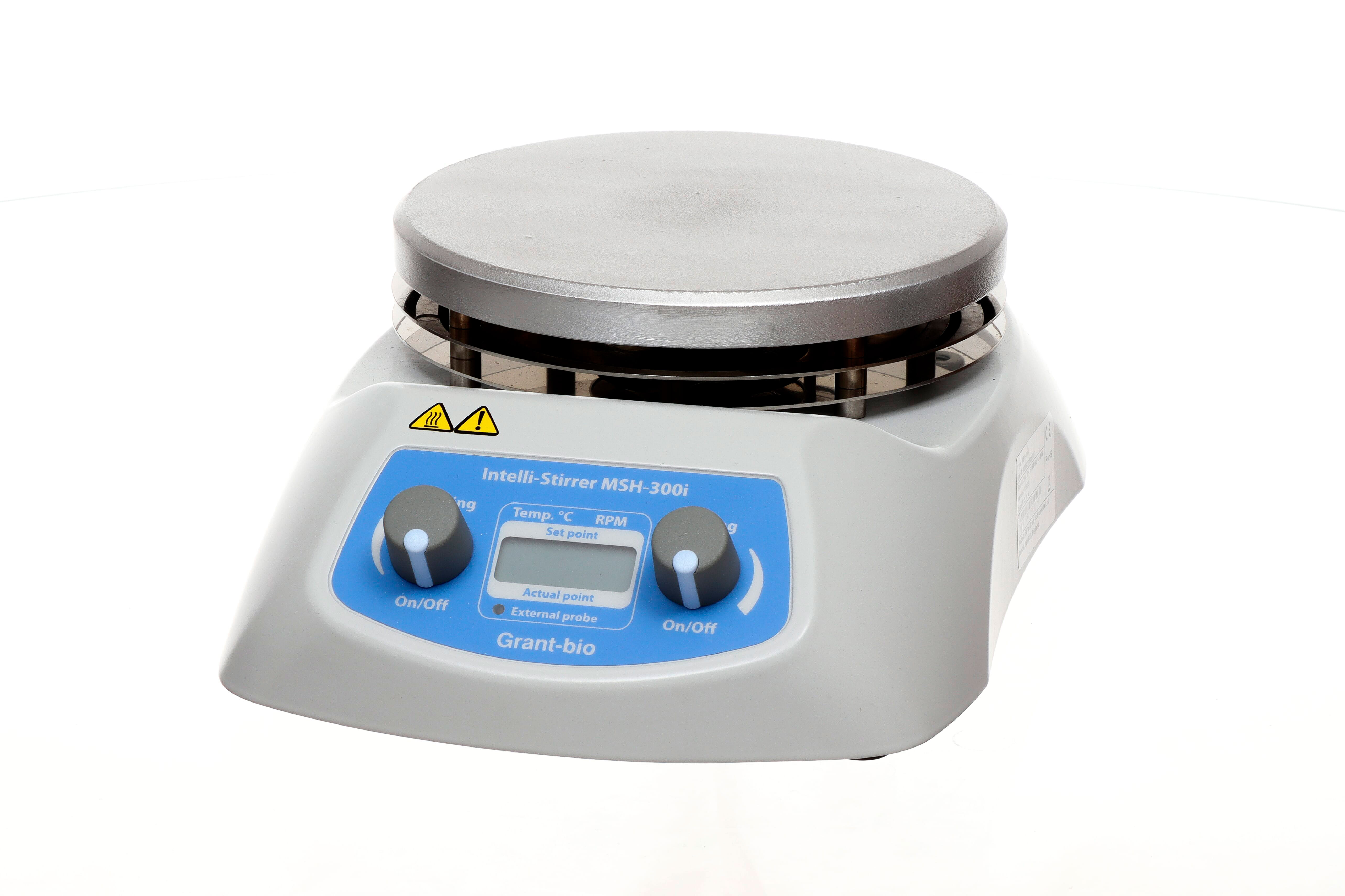 Agitador magnético digital MSH-300i con calefacción. GRANT. Velocidad (rpm): 100-1.250 (incrementos de 10 rpm). Vol. agitación (l): 20. Temp. (ºC): 30-330. Ø plato (mm): 160. Dim. AnxAlxPr (mm): 190x100x270. Potencia (W): 550. Peso (Kg): 3,2