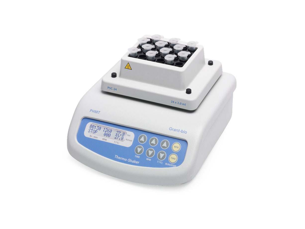 Termoagitador para microtubos y placas PCR PHMT-PSC24 (con bloque GRA-0PSC24). GRANT. Rango temp. (ºC): Ambiente +5 hasta 100. Capacidad: 24 microtubos de 1,5 ml. Vel. calentamiento (ºC/min): 4. Vel. agit. (rpm): 250-1.400 (incrementos de 10 rpm). Pot. cal. (W): 42. Dim. AnxAlxPr (mm): 220x130x240. Peso (Kg): 4