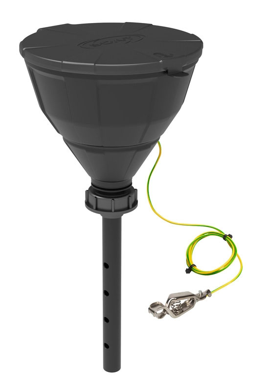 Embudo negro Arnold V2.0, con válvula esférica, tapa y toma de tierra. Protección antisalpicaduras y tamiz extraíble. Ø embudo de 200 mm. Tipo de rosca: S55. SCAT®. Embudos de seguridad con válvula de bola