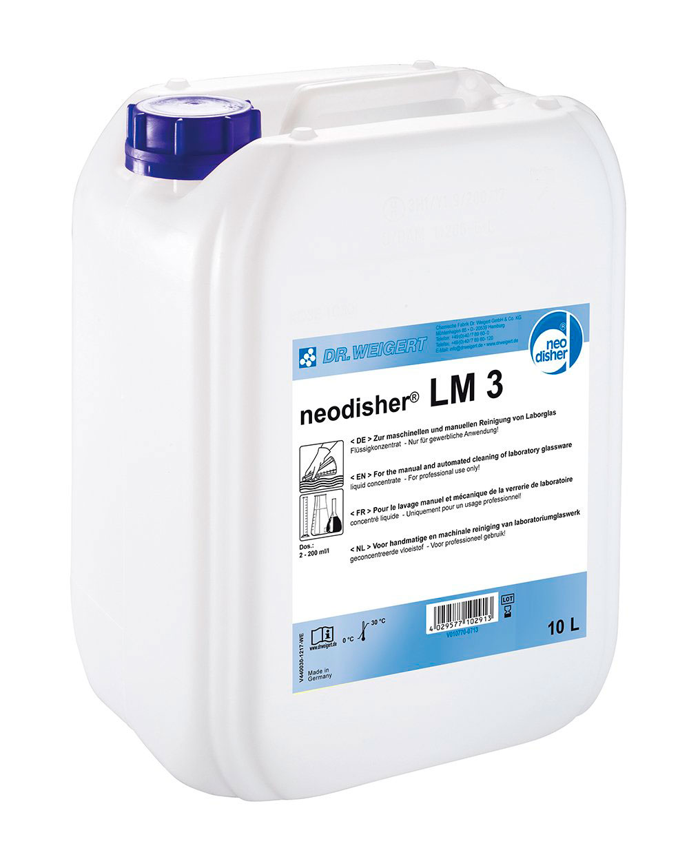 Detergente Neodisher LM3, limpieza manual. Detergente líquido alcalino con agentes dispersantes que arrancan los residuos pocos solubles. Es también adecuado para lavadoras automáticas. Poco espumoso y sin fosfatos.