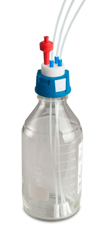 Juego III V2.0 para HPLC. Contiene: 1x Safety Cap III GL45, 1x botella redonda de vidrio transparente de 1.000 ml + 3x capilar de 1,5 m de largo y 3,2 mm Ø ext. + 3x filtro succión PTFE + válvula de aireación (1368317010). SCAT®. Kit de seguridad para HPLC