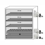 Paquete de equipamiento para armarios de seguridad para productos inflamables UNE EN 14470-1. Para modelos: S90.129.120.WDAS. ASECOS. Descripción: 3x bandeja, 1x bandeja perforada, 1x cubeto de retención (V=33.0L). Material: Plancha de acero plastificada RAL 7035