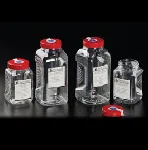 Sterile flask specially conceived for water sampling, without thiosulfate. DELTALAB. Square sterile flask. Material: PET. Cap type: Red cap with porexpan joint. Mouth (mm): 55. Cap. (ml): 500