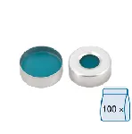 Cápsula aluminio N 20, plateado, orificio central. MACHEREY NAGEL. Septum: Silicona azul transparente/PTFE incoloro. Dureza: 45° shore A. Grosor (mm): 3. 