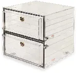 Acrylic desiccator. PLAS-LABS. Outer dim. HxWxD (mm): 457x457x457. Vol. (l): 95. Colour: Clear. Door: Folding door. Cubicles: 2. Shelves: 4. Positions for shelves: 10