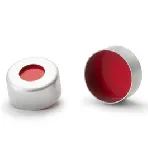 Cápsula para viales ND11, color: plateado, con agujero, con revestimiento de PTFE rojo / silicona blanca / PTFE rojo