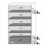 Paquete de equipamiento para armarios de seguridad para productos inflamables UNE EN 14470-1. Para modelos: S90.129.120.WDAS. ASECOS. Descripción: 4x bandeja, 1x bandeja perforada, 1x cubeto de retención (V=33.0L). Material: Plancha de acero plastificada RAL 7035