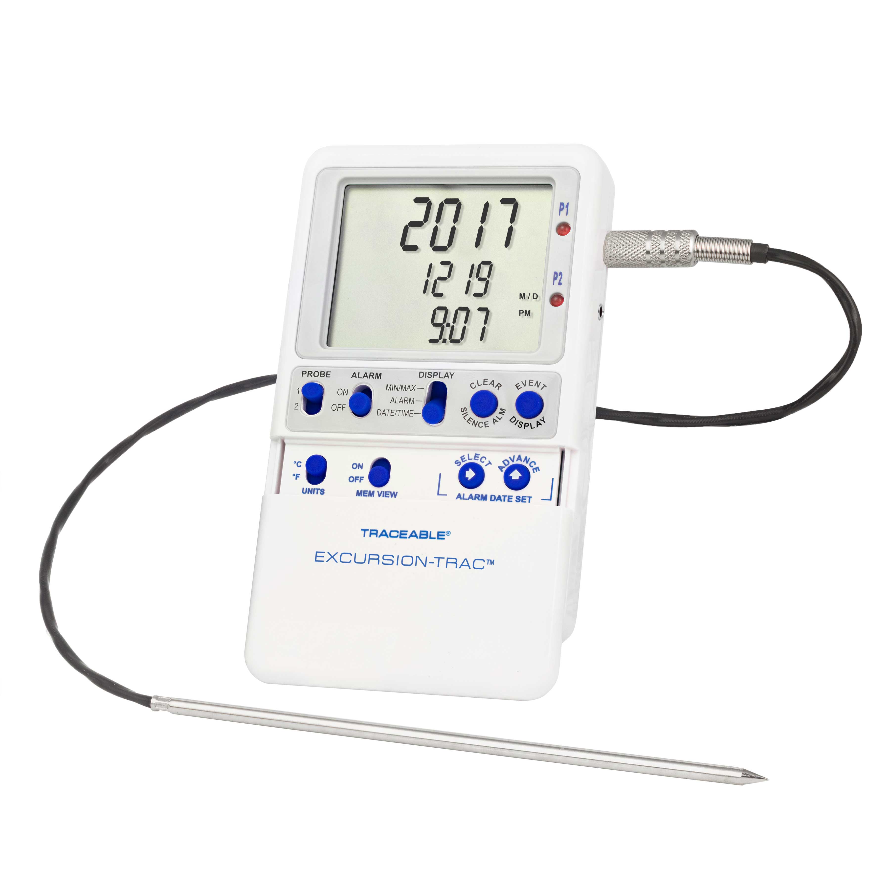 Excursion-Trac datalogging digital thermometer. TRACEABLE. Range: –90.00 to 105.00°C. Accuracy: ±0.2°C. Resolution: 0.01°C. Probes: Platinum RTD sensors, 1 stainless-steel 316 Probe. Application: Ultra-freezers