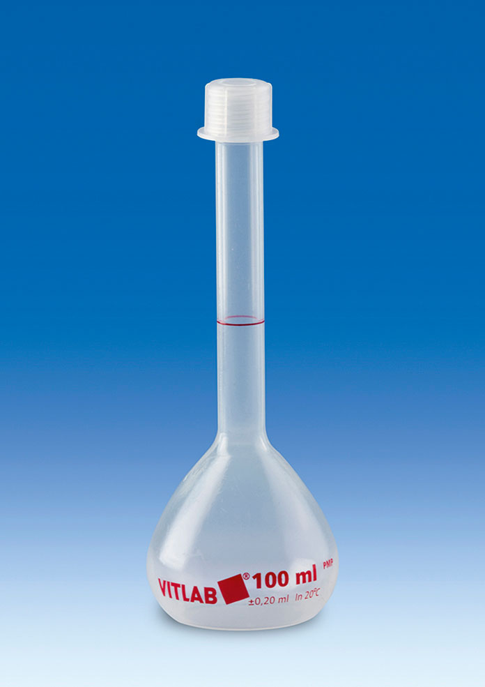 Volumetric flask, PMP, screw cap. VITLAB®. With screw cap GL. Capacity (ml): 500. Height (mm): 270. Thread shape: GL 25