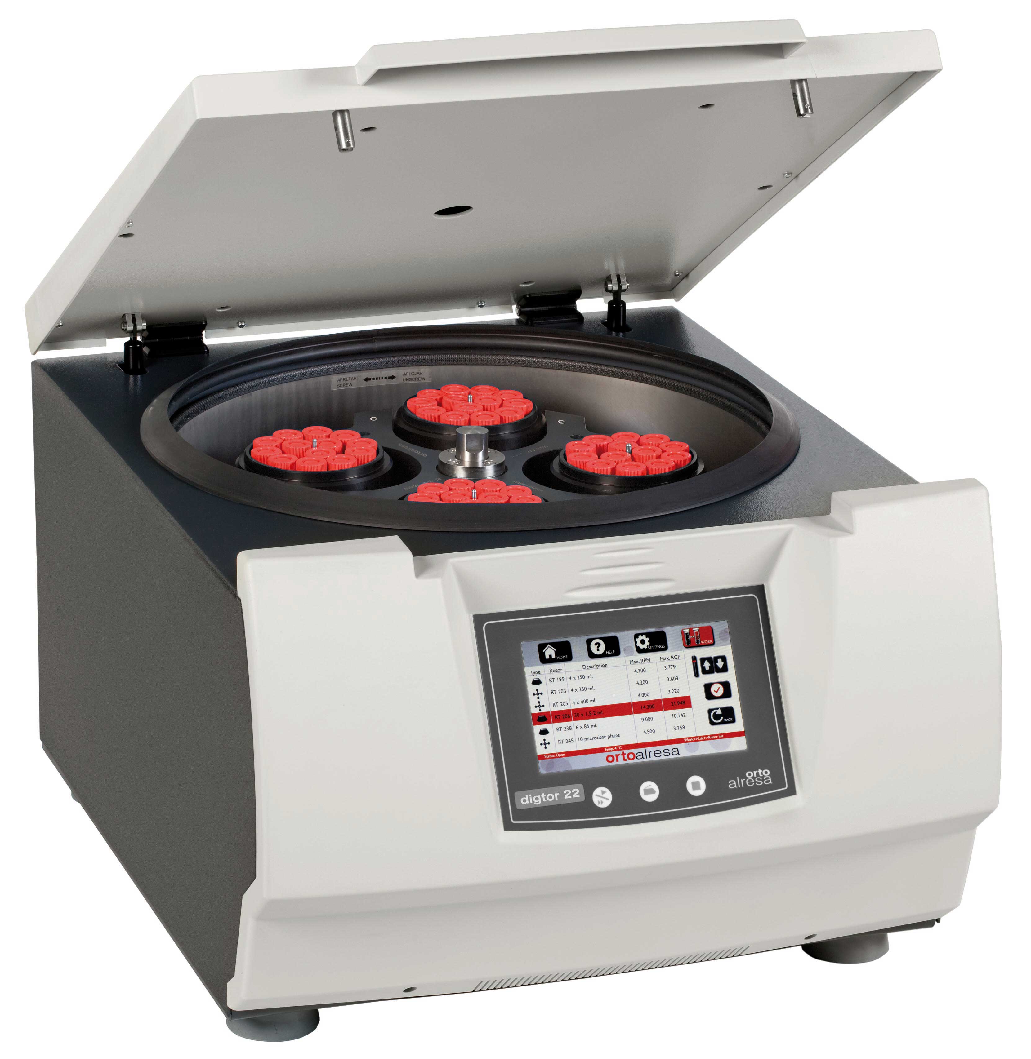 Centrifuge Digtor 22/22R. ORTOALRESA. Centrifuge (rotor not included). Model: Digtor 22. Refrigerated: No. Dim. WxHxD (mm): 650x390x540. Weight (Kg): 50. Voltage (V): 220-230. Frequency (Hz): 50-60. Consumption (W): 1020
